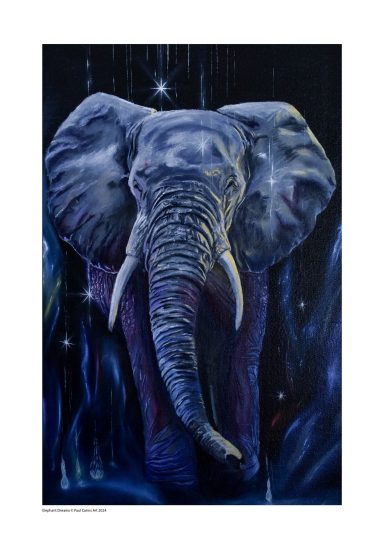 Elephant in dark background with stars and spirits